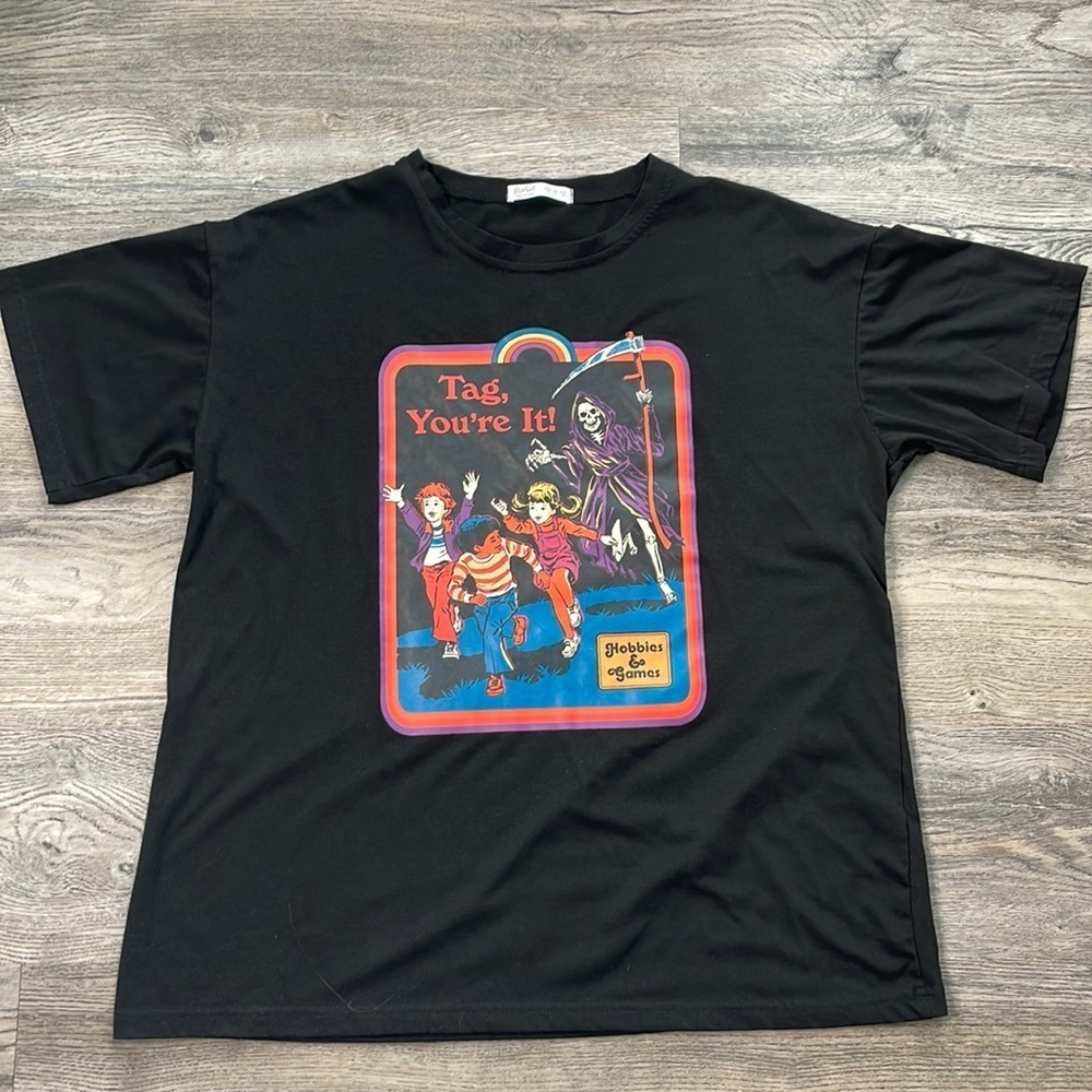 RomWe ‘Tag You’re it’ Black Goth Short Sleeve T Shirt, size M